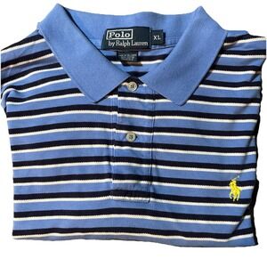 Polo Ralph Lauren Rugby Polo Shirt Mens XL Blue White Striped Cotton Yellow Pony